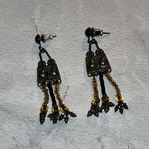 Vintage c1990 Bronze-Tone Aztec-Inspired Amber Beaded Post & Dangle Earrings